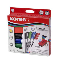 Whiteboardpenna KORES Set: 4 markörer rund spets + 1 Whiteboardsudd magnetisk