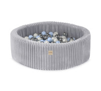 PLUSH NEST Torrpool, rund, 90x30 cm, grå, Puffy Lamell (+200 pärlbollar, ljusblå, silver)