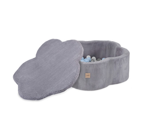 PLUSH NEST Torr blomsterpool med matta, 95x30, grå, premium manchestertyg, Floral Fun Zone, 200 bollar: pärlemor, silver, ljusblå