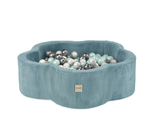 PLUSH NEST Dry flower pool with mat , 95x30, blue, premium corduroy, Floral Fun Zone, 300 balls: pearl, pearl mint, silver