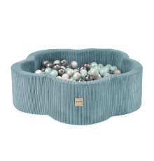 PLUSH NEST Torkad blomsterpool, 95x30, blå, premium corduroy, Floral Fun Zone, 300 bollar: pärlemor, pärlemor mint, silver