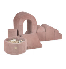 PLUSH NEST Lekborg med pool + 150 bollar (pärl- och guld), premium rosa corduroy