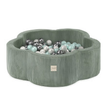 PLUSH NEST Torrt blomsterbassäng, 95x30, grön, premium corduroy, Floral Fun Zone, 300 bollar: pärlemor, pärlemormint, silver